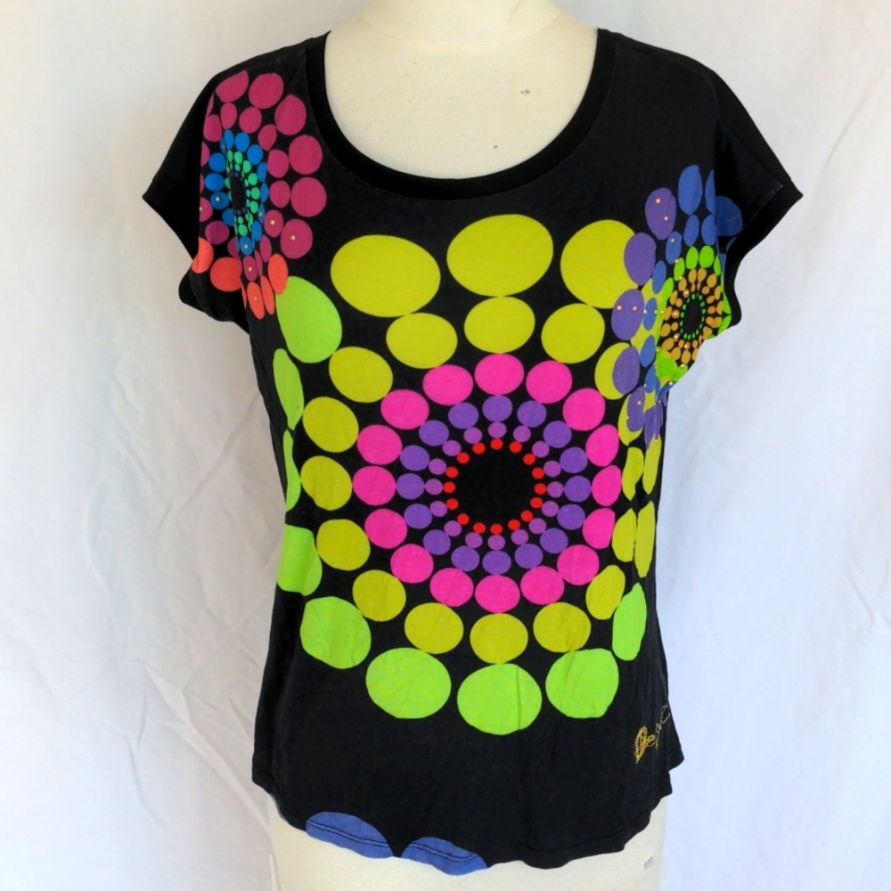 Desigual summer top, black with festival print, size S